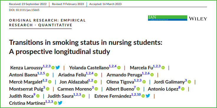 Publicats els resultats de les transicions del consum de tabac d’una cohort d’estudiants d’infermeria a Catalunya a la revista Journal of Advanced Nursing